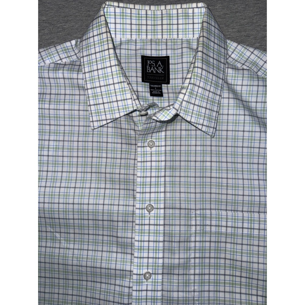 Jos A Bank Mens Blue Green Plaid Traveler Shirt Mens Large Tailored Fit Preppy